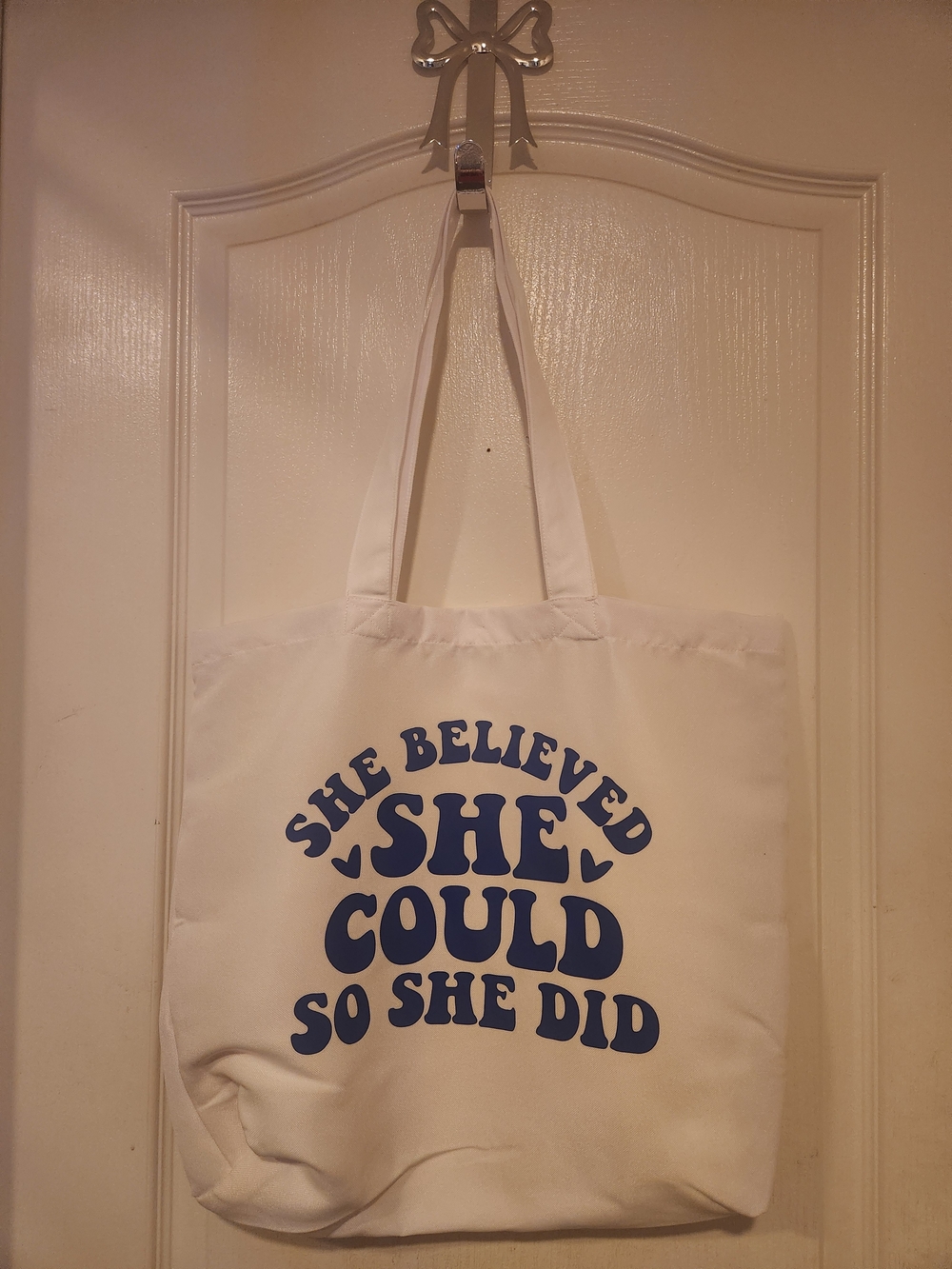 White Canvas Tote with Navy Motivational Print - She Believed She Could